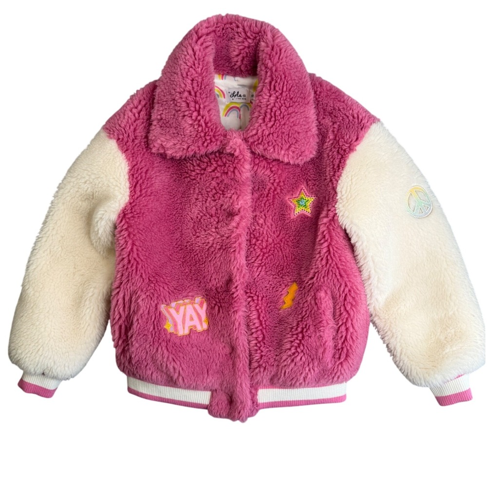 Lola + The Boys Varsity Patch Faux Fur Bomber Jacket Girls 10 Pink White Patches